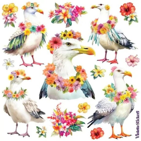 3 for $10 - Violette Stickers - Seagulls with Leis‎ - 1 Sticker Sheet - Picture 1 of 1